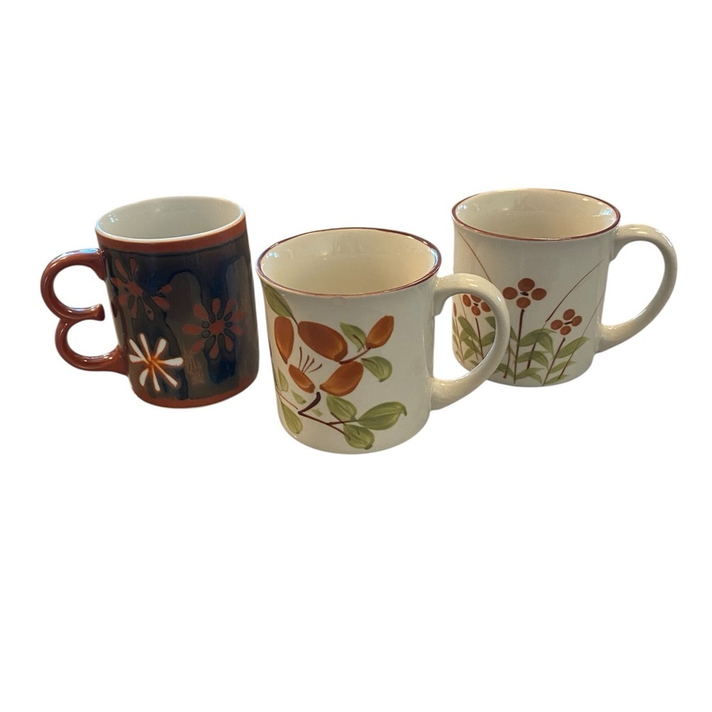Vintage 70s stoneware Otagiri / Korean Mugs Hand-painted floral botanical.
